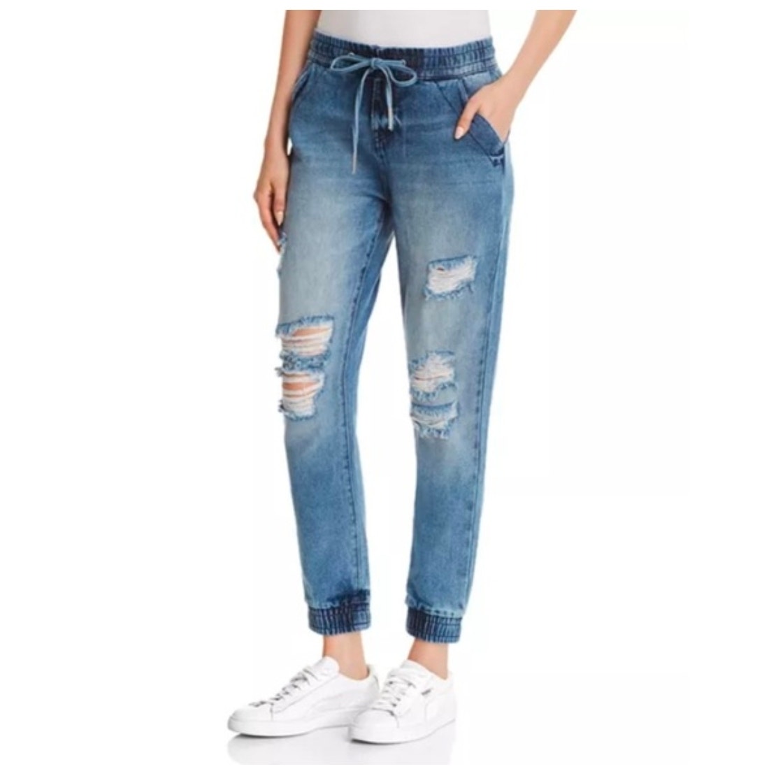 True Religion Distressed Drawstring Denim Joggers Light Wash Size Small